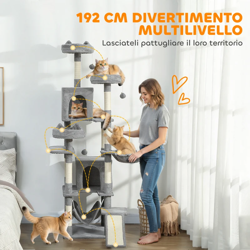PawHut Albero Tiragraffi per Gatti con Scala, 2 Amache, 3 Posatoi, 2 Casette e 3 Piattaforme, 48x48x192 cm, Grigio e Crema