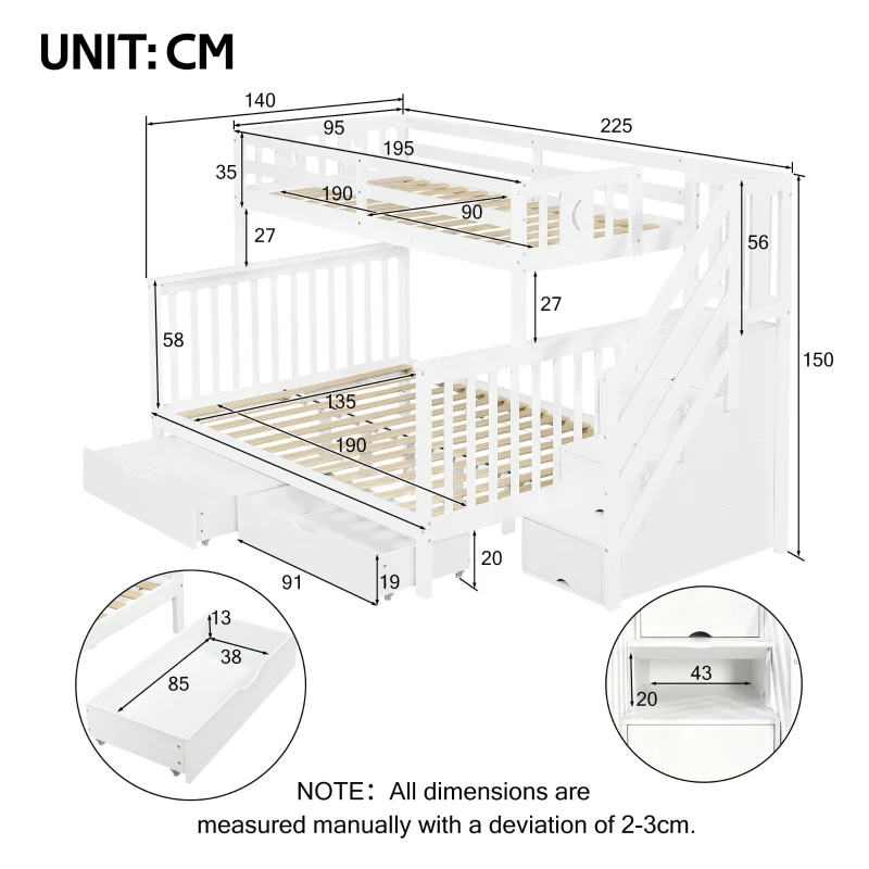 Children's Bunk Bed with Staircase, Drawer Storage, Slatted Base, Solid Wood Frame for Compact Room, 225L x 140W x 150H cm, White