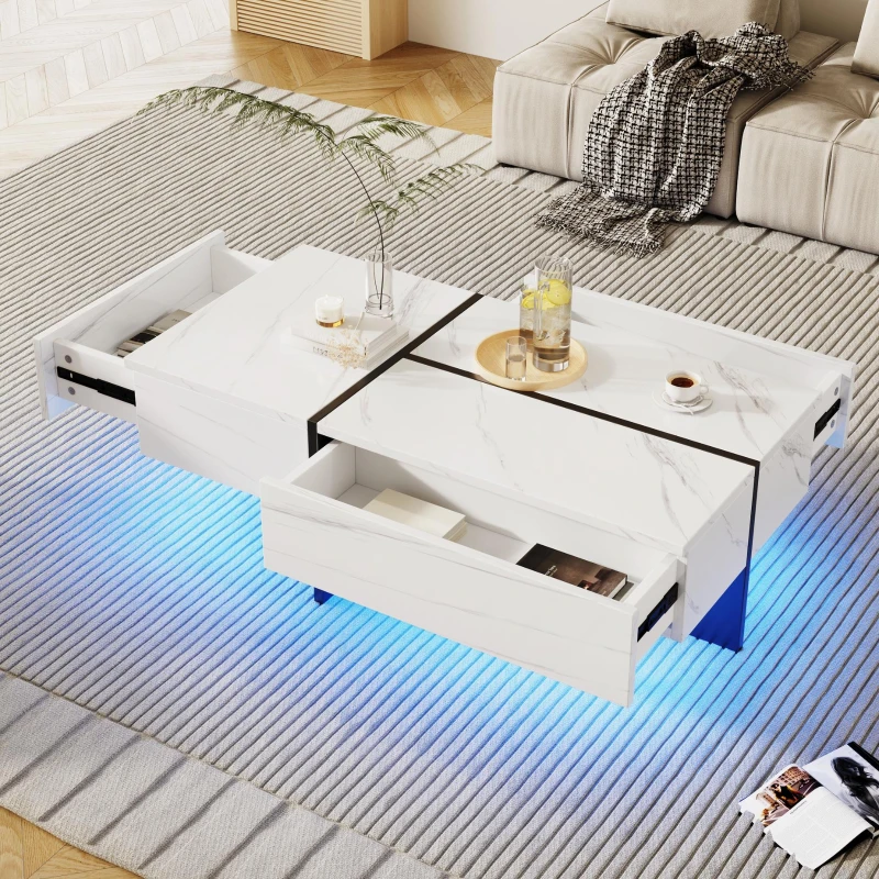 High-Gloss Coffee Table with App-Controlled Colour-Changing LED Lighting, Tea Table with 3 Drawers, 100L x 50W x 34.5H cm, Black+White