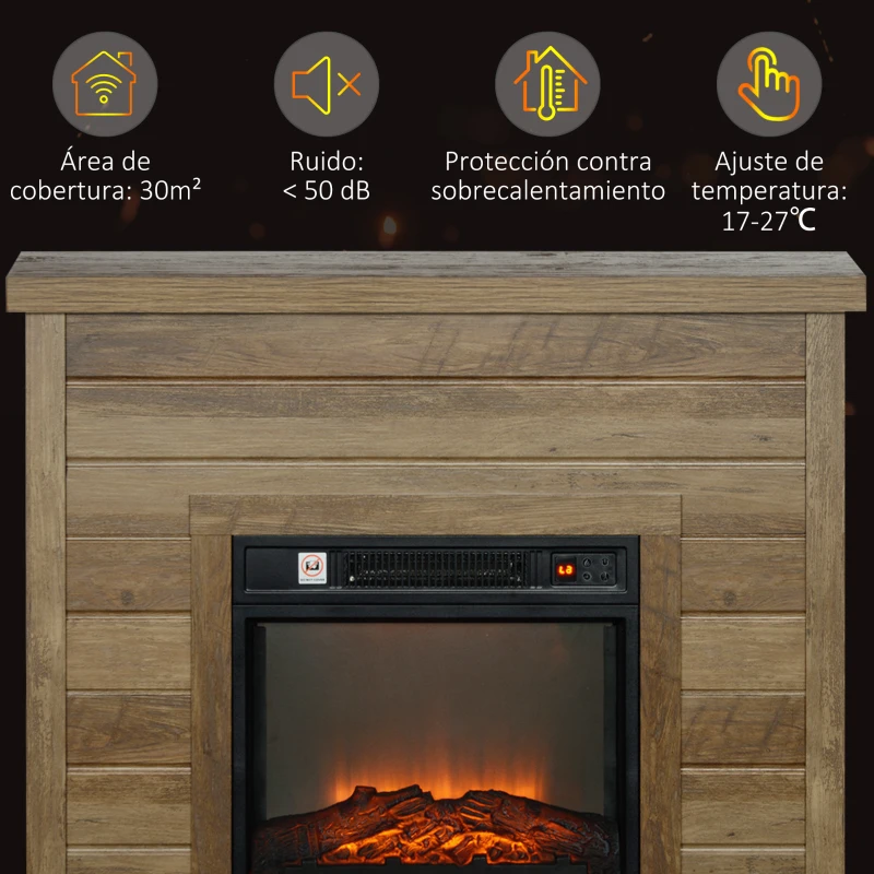 HOMCOM Chimenea Eléctrica 1800W con Efecto de Llama Mando a Distancia Temporizador Semanal para Sala 30 m² Madera