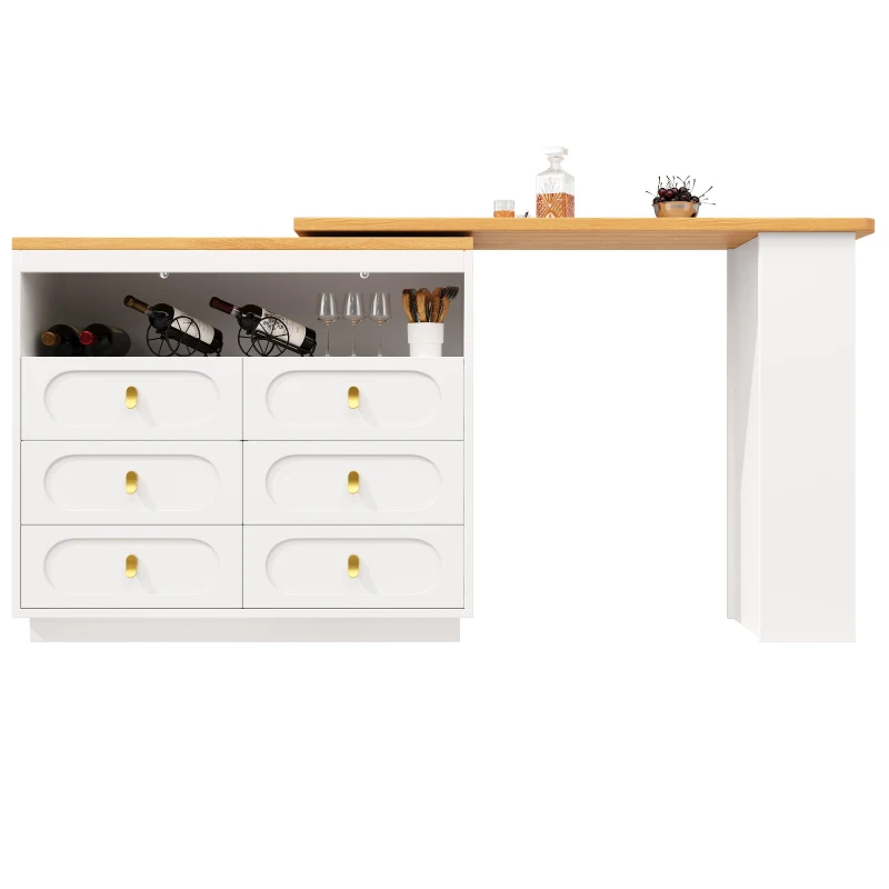 360° Rotating Bar Table with Rotating Side Table, Double-Layer Spice Rack, Extendable Kitchen Island with 6 Drawers, 137L x 39W x 90H cm, White