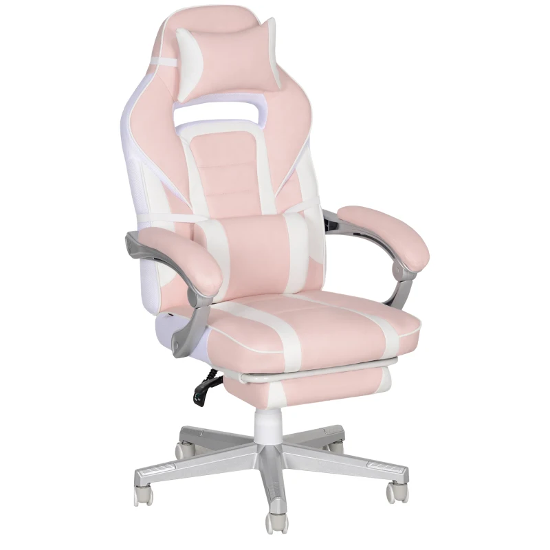 HOMCOM Silla Gamer Reclinable con Altura Ajustable Reposapiés Retráctil Soporte Lumbar y Reposacabezas Desmontable Rosa