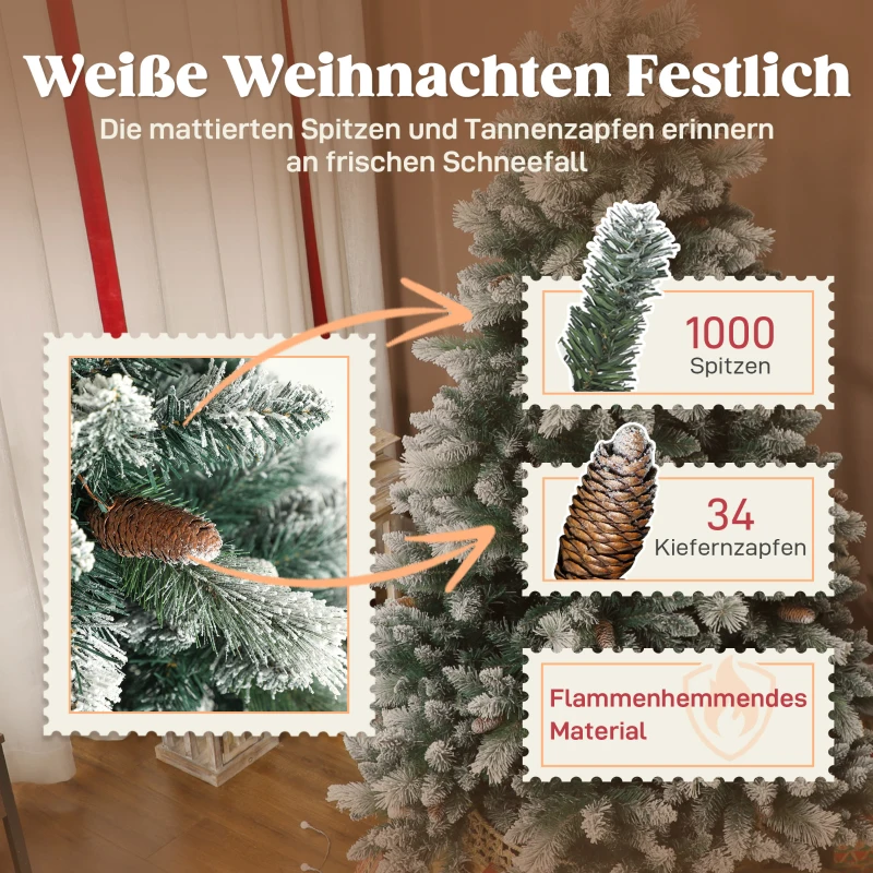 HOMCOM Künstlicher Weihnachtsbaum 180 cm künstlich Tannenbaum mit Schnee, 1000 Spitzen 34 Tannenzapfen Breite Basis