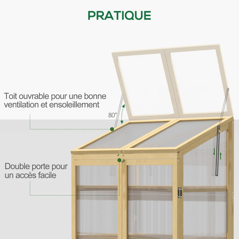 Outsunny Mini Serre de Jardin en Polycarbonate Cadre en Bois 3 étagères dim. 80L x 50l x 130H cm Double Porte Toit ouvrant Bois de Sapin lasuré Marron