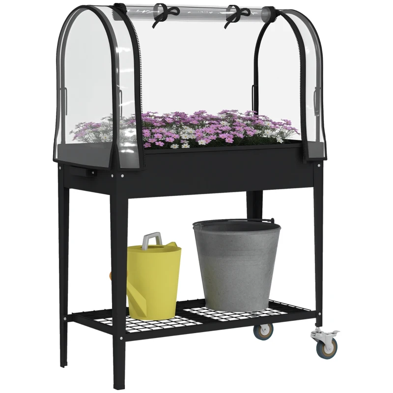 Outsunny Jardineira Elevada com Capa Transparente Rodízios e Prateleira 80x40x120 cm