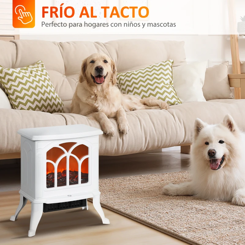 HOMCOM Chimenea Eléctrica de Pie 750/1500 W con 2 Niveles de Potencia Efecto Llama Área de Cobertura 15-20 m² Blanco