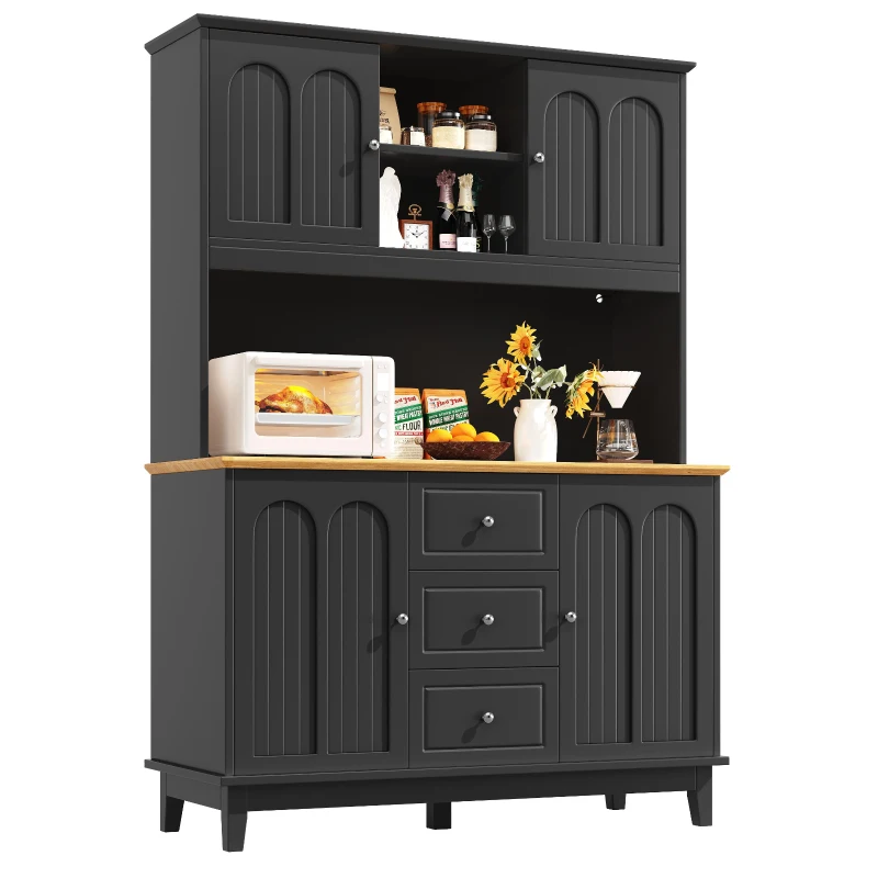 Tall Kitchen Sideboard Cabinet with App-Controlled Changing LED Lighting, Cupboard with Open Display Shelf, 120L x 40W x 180H cm, Black