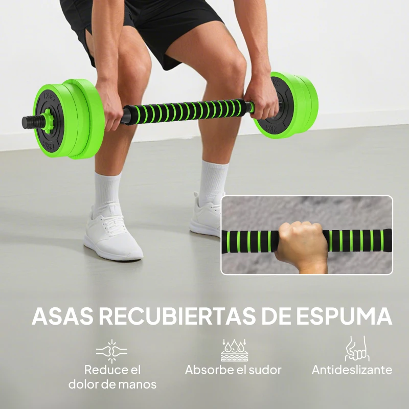 SPORTNOW Kit de Gimnasio 4 en 1 con Barra de Pesas Mancuernas Kettlebell para Entrenamiento de Fuerza en Casa Color Verde y Negro