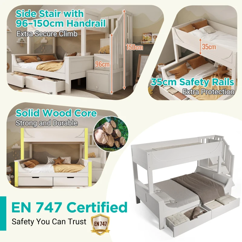 Children's Bunk Bed with Under-bed Pull-out Drawer, Ladder Cabinet Storage, Staircase Sleeper for Living Room, 246L x 141W x 150H cm, White