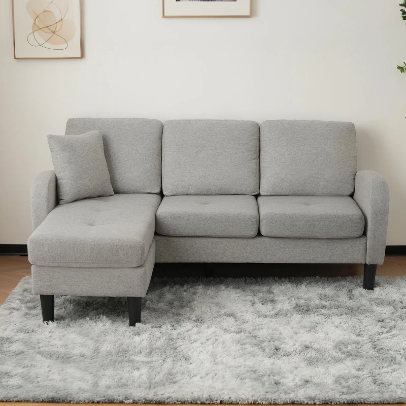 3-seater L-shaped Corner Sofa with Reversible Chaise and Soft Padded Seats, Sofa Bed with Plastic Legs, 166L x 118W x 77H cm, Gray