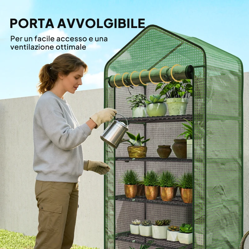 Outsunny Serra a Casetta a 5 Livelli con Ingresso Avvolgibile, in Acciaio e Polietilene, 90x49x193 cm, Verde