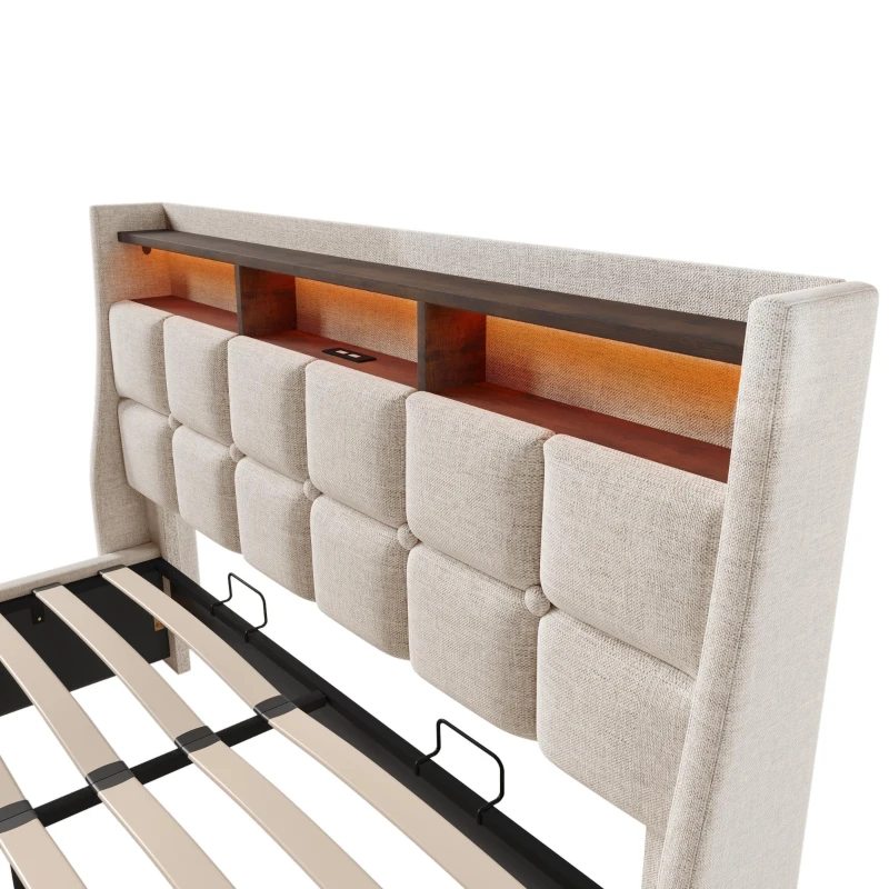 Upholstered Double Bed with LED Lighting and USB‑C Charging Station, Bed Frame with Padded Headboard, 200L x 140W x 117H cm, Beige