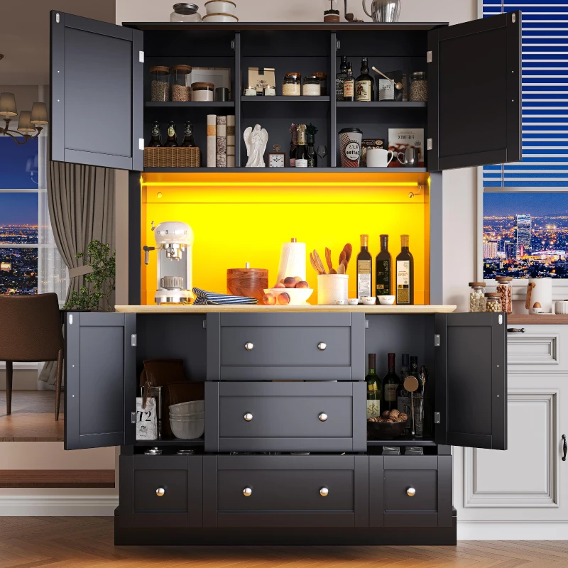 Tall Kitchen Cabinet with Open Middle Shelf and Five Drawers, Large Storage Cupboard for Dining Room, 115L x 40W x 180H cm, Black