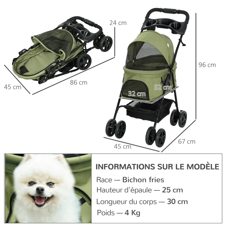 PawHut Carrinho de Passeio para Animais de Estimação Dobrável 4 Rodas Tecido Oxford 300D Cesto e Porta-copos Verde