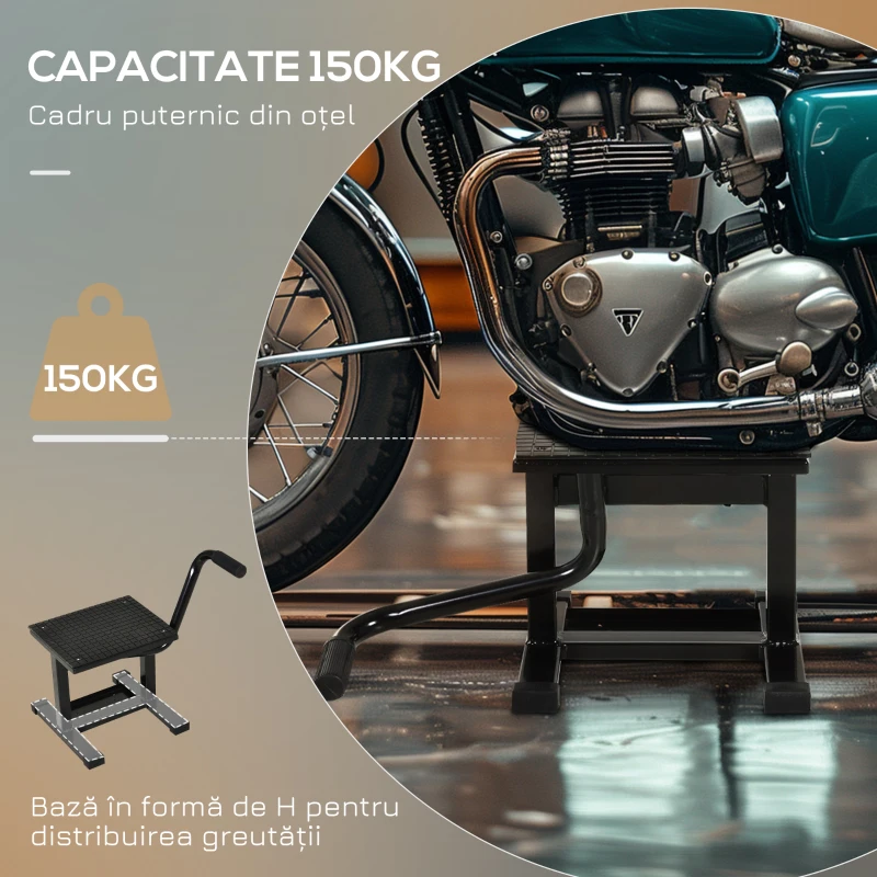 DURHAND Suport Motociclete din Oțel, Suport pentru Motociclete cu Suprafața și Manivelă din Cauciuc, 48x34x43 cm, Negru