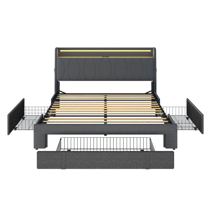 4ft6 Double Upholstered Bed with 3 Drawers, Charging Station, Sturdy Headboard with App-controlled RGB LED, 213L x 142W x 106H cm, Grey