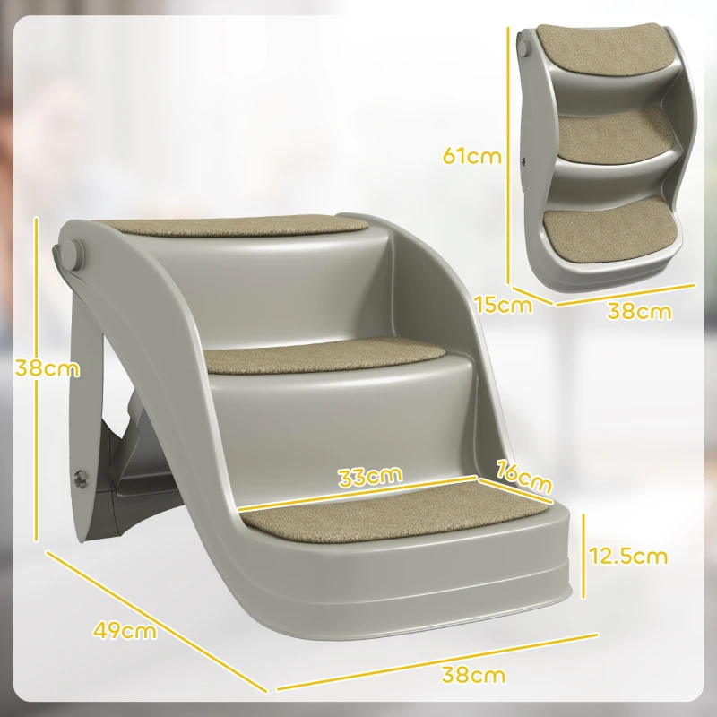 Scară pliabilă PawHut 3 trepte pentru câini mici, covorașe antiderapante, 49 x 38 x 38 cm — gri