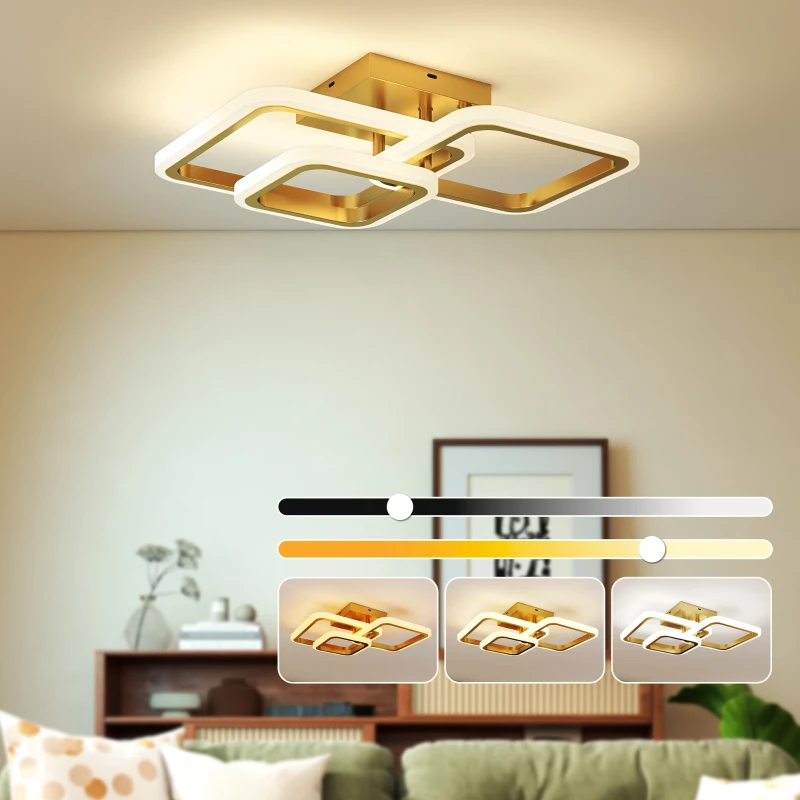 HOMCOM Plafoniera LED 40W 4300 lm, 3 temperature di colore, 3 anelli dorati, 48 x 46 x 13 cm