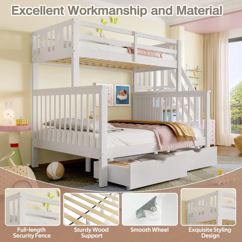 Children's Bunk Bed with Staircase, Drawer Storage, Slatted Base, Solid Wood Frame for Compact Room, 225L x 140W x 150H cm, White