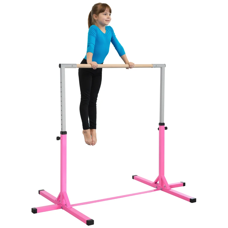 HOMCOM Gymnastikstange für Kinder, höhenverstellbar Turnreck Reckstange, Reck Turnstange für Indoor & Outdoor aus Holz & stabile Stahlkonstruktion bis 75 kg belastbar, für 3+ Kinder, Rosa