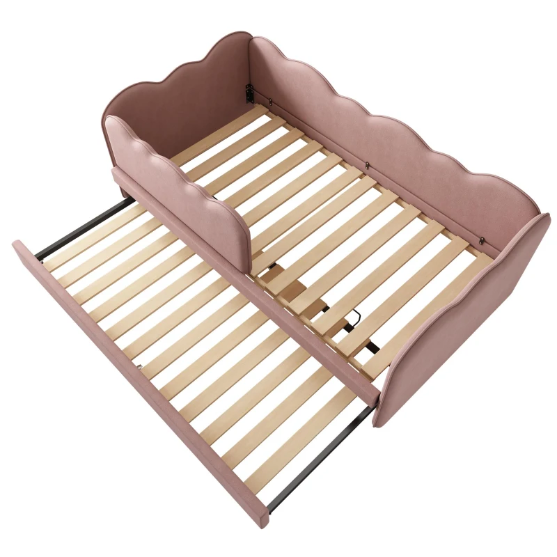Upholstered Daybed with Pull-Out Trundle, Iron Frame and 2 U‑Shaped Bars, Bed Frame with Thick Foam Backrest, 197L x 99W x 70H cm, Pink