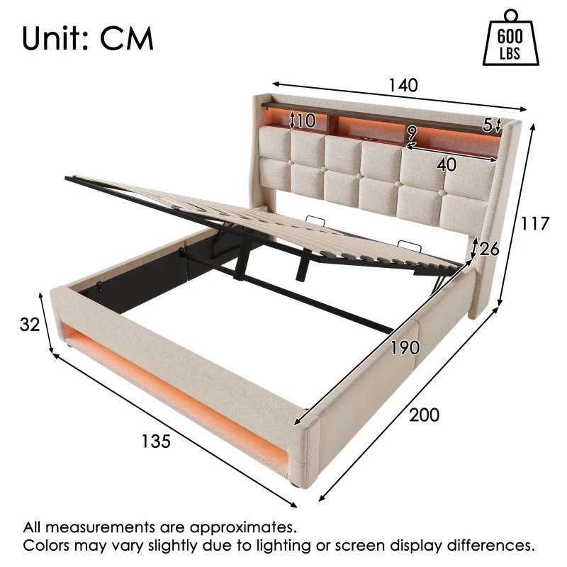 Upholstered Double Bed with LED Lighting and USB‑C Charging Station, Bed Frame with Padded Headboard, 200L x 140W x 117H cm, Beige