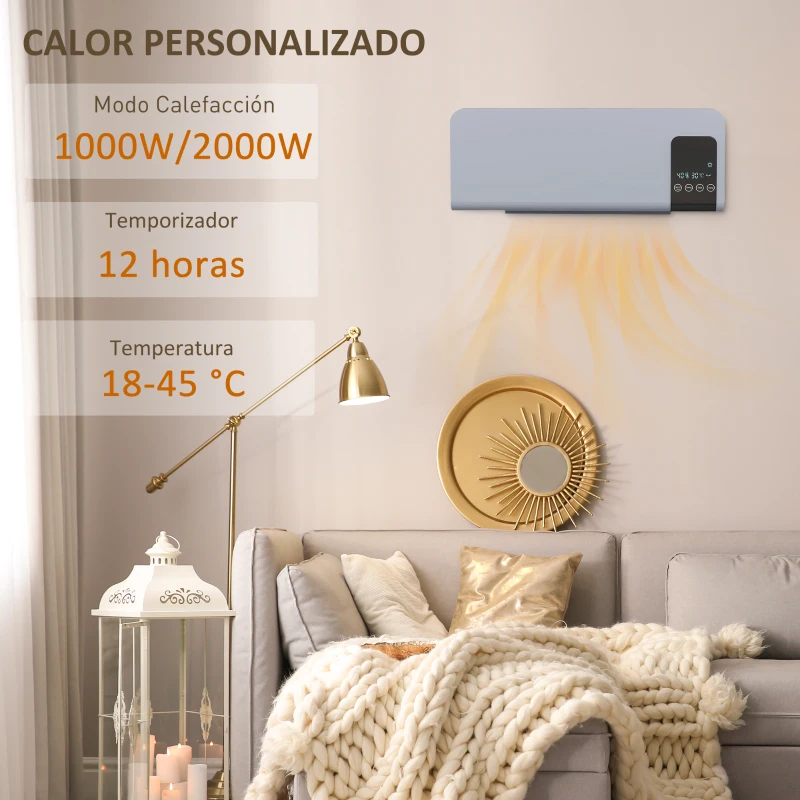 HOMCOM Calefactor Eléctrico de Pared 1000W/2000W Estufa con Pantalla LED y Mando a Distancia 54,5x12x21,5 cm Gris