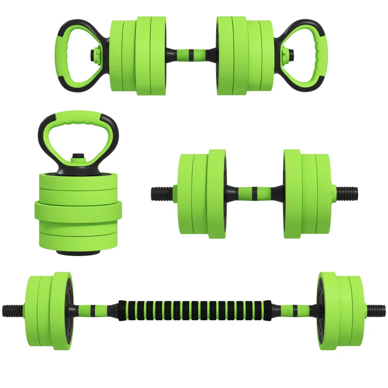 SPORTNOW Kit de Gimnasio 4 en 1 con Barra de Pesas Mancuernas Kettlebell para Entrenamiento de Fuerza en Casa Color Verde y Negro