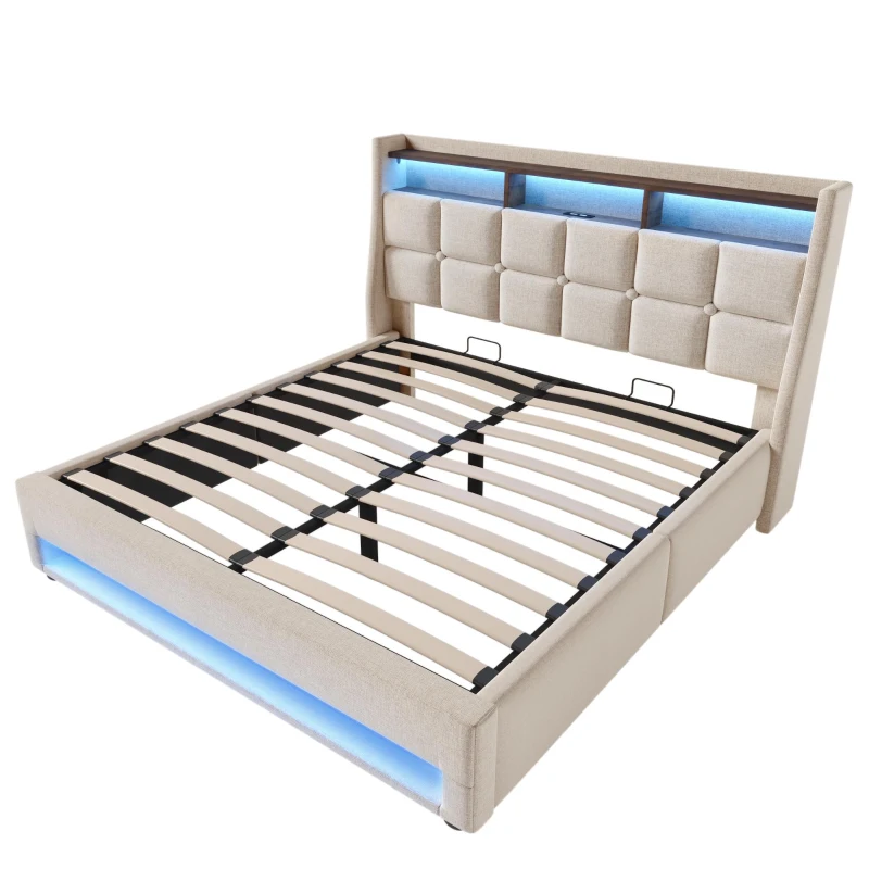Upholstered Double Bed with LED Lighting and USB‑C Charging Station, Bed Frame with Padded Headboard, 200L x 140W x 117H cm, Beige