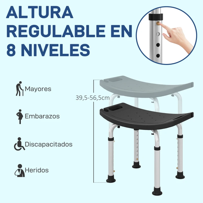 HOMCOM Taburete de Ducha Silla Ducha Personas Mayores con Altura Regulable de Aluminio Antideslizante Carga 135 kg Negro