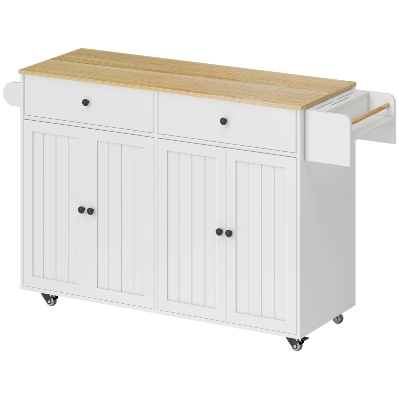 HOMCOM Rollbare Kücheninsel, 2 Schubladen, 2 Schränke, verschiebbar, Gewürzregal, Handtuchhalter, Messerhalter, MDF, Weiß