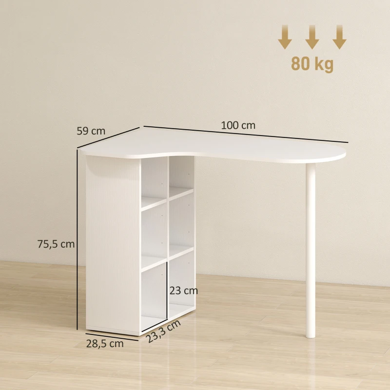 HOMCOM Secretária Curva 100x59 cm 6 Compartimentos e 4 Prateleiras Ajustáveis Branco