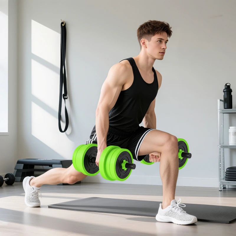 SPORTNOW Kit de Gimnasio 4 en 1 con Barra de Pesas Mancuernas Kettlebell para Entrenamiento de Fuerza en Casa Color Verde y Negro