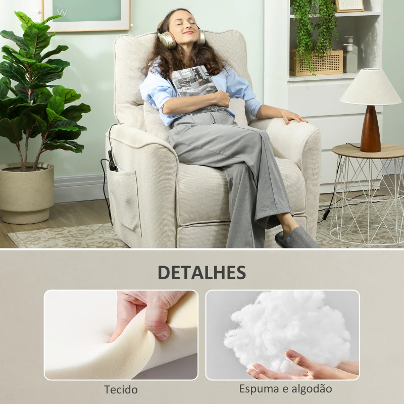 HOMCOM Poltrona Relax com Aquecimento Lombar e Massagem por Vibração Poltrona Reclinável com Função de Memória 88x93x102 cm Creme