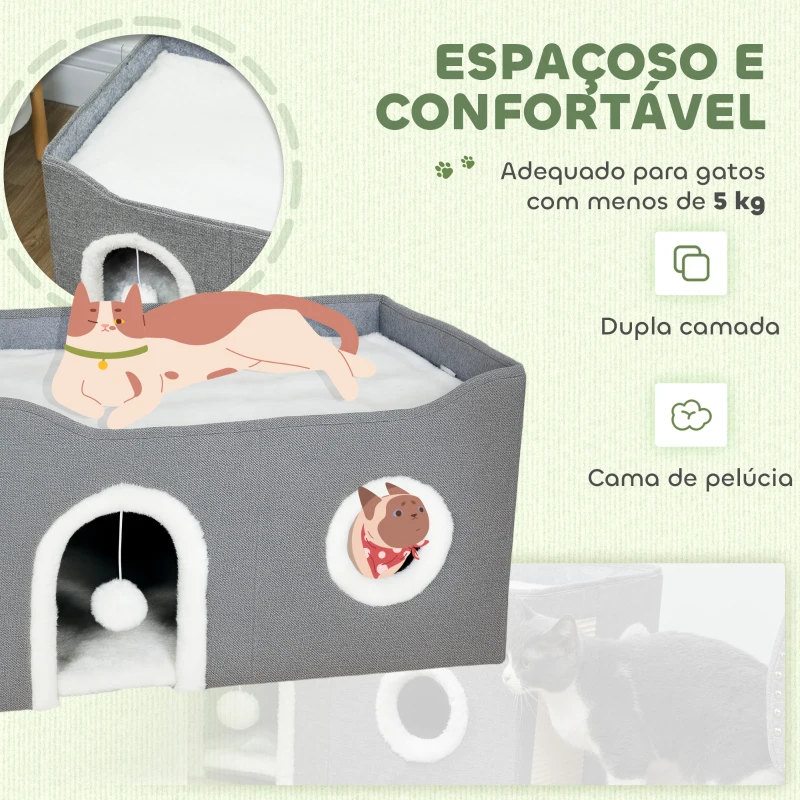PawHut Casa para Gatos Dobrável com Arranhador 3 Entradas Bola Pendurada Almofada Reversível em Pelúcia e Tipo Linho 60x40x34 cm Cinza