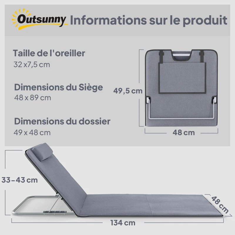 Outsunny Lot de 2 Tapis de Plage rembourré - lot de 2 Matelas de Plage - nattes de Plage - Dossier inclinable Multi-Positions - Sac Transport Inclus - métal Polyester PE Gris