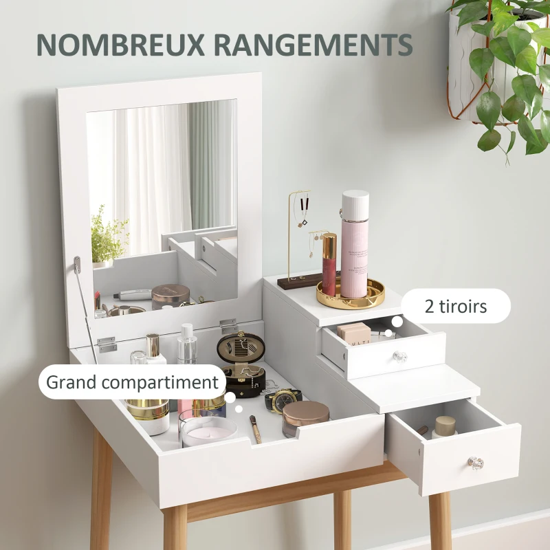 HOMCOM Coiffeuse avec miroir table de maquillage style moderne - 2 tiroirs, miroir rabattable pour chambre à coucher, salon, 60 x 50 x 85,5 cm blanc