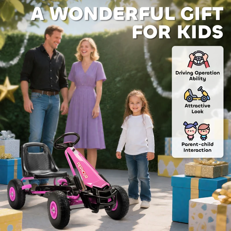AIYAPLAY Kids Pedal Go-Kart — Adjustable Seat, EVA Tires, Handbrake & Clutch, Ages 3–8, Pink