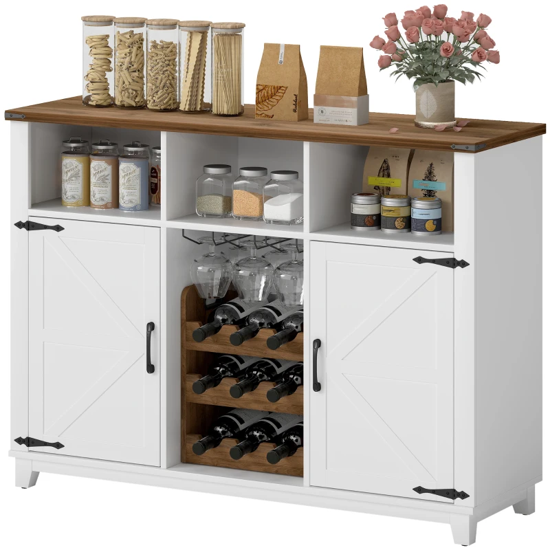 HOMCOM Aparador de Cozinha Rústico com Prateleiras Ajustáveis e Suporte para Garrafas 120x37x88 cm Branco