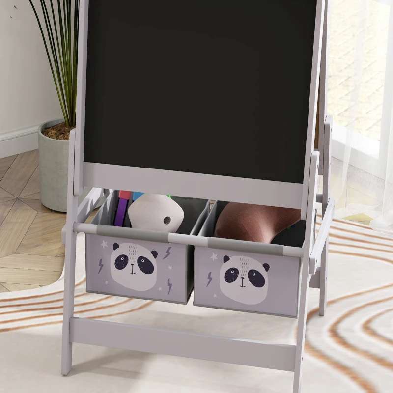 AIYAPLAY Cavalete Infantil 3 em 1 com Quadro Duplo Rolo de Papel e 2 Cestos 54x46,5x93 cm Cinza