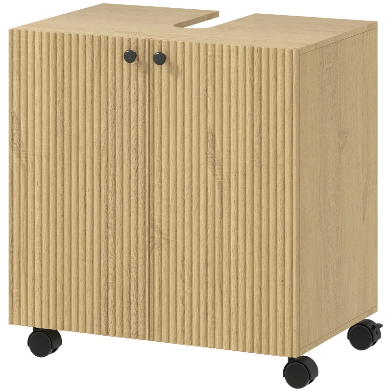 HOMCOM Under-Sink Cabinet for Bathroom – 3-Tier Adjustable Shelf, Locking Wheels, Natural Wood Finish