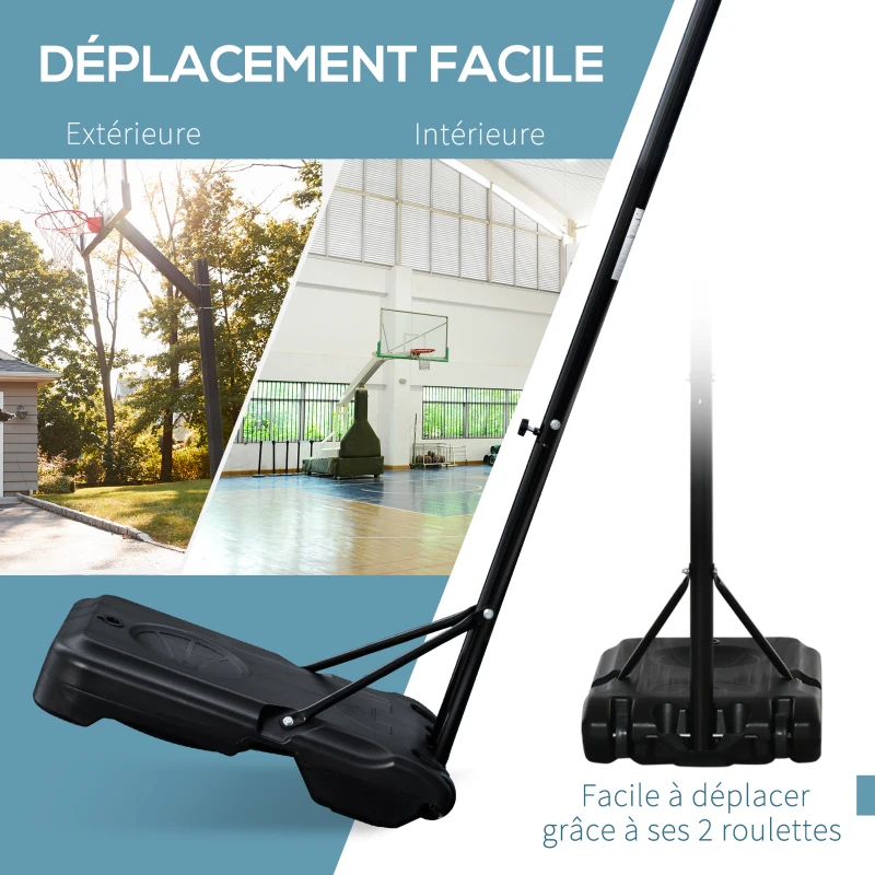 HOMCOM Panier de basket extérieur avec poteau panneau, base de lestage sur roulettes hauteur réglable 2,1-2,6 m (panier) - noir blanc et rouge