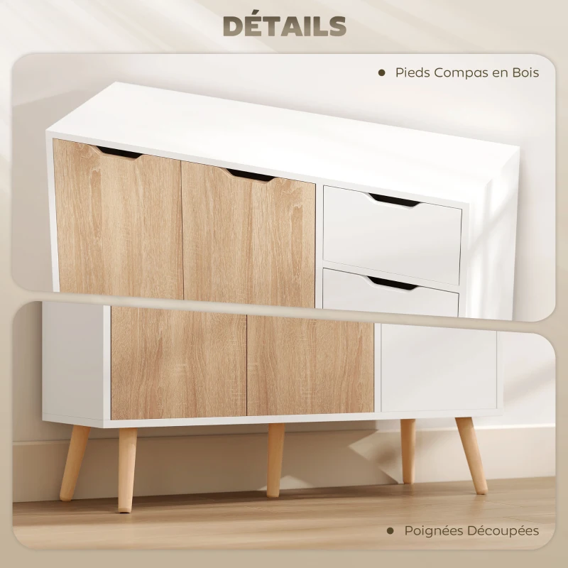 HOMCOM Buffet design scandinave 2 placards tiroir coulissant pieds bois massif pin panneaux particules blanc chêne clair(m-6)