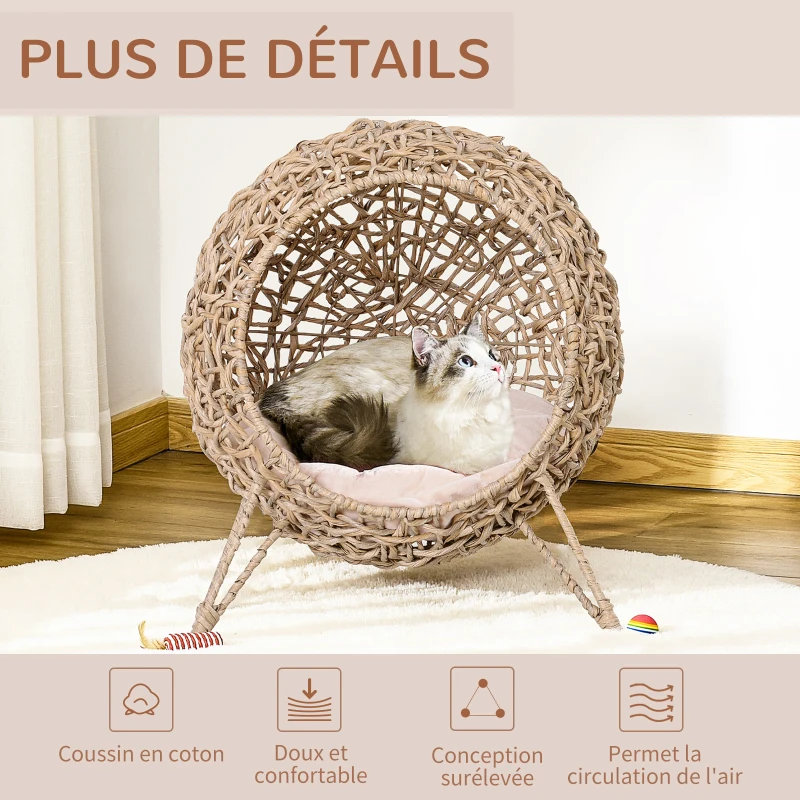 PawHut Panier chat lit surélevé chat cosy niche grotte grand confort dim. Ø 52 x 58H cm coussin moelleux inclus résine tressée imitation rotin beige