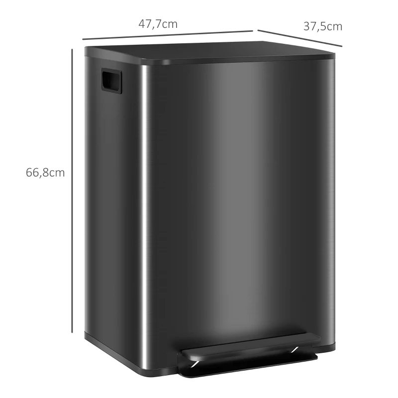 HOMCOM Küchen‑Treteimer 2×30 l – Edelstahl, Soft‑Close, herausnehmbare Eimer, 47,7×37,5×66,8 cm, Silber