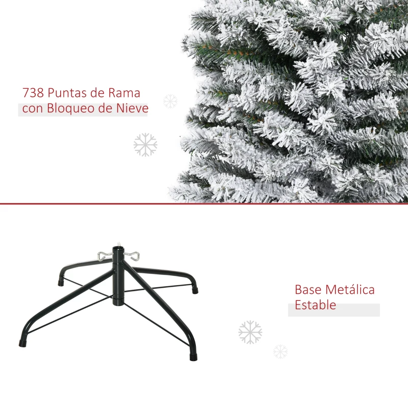 HOMCOM Árbol de Navidad Estrecho 225 cm Árbol Navideño Nevado con 738 Ramas y Soporte de Metal para Salón Verde y Blanco