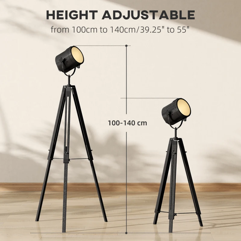 HOMCOM Industrial Tripod Floor Lamp, Nautical Searchlight with Adjustable Height, Wood Legs, E14 Lamp Base for Living Room, Bedroom, Black