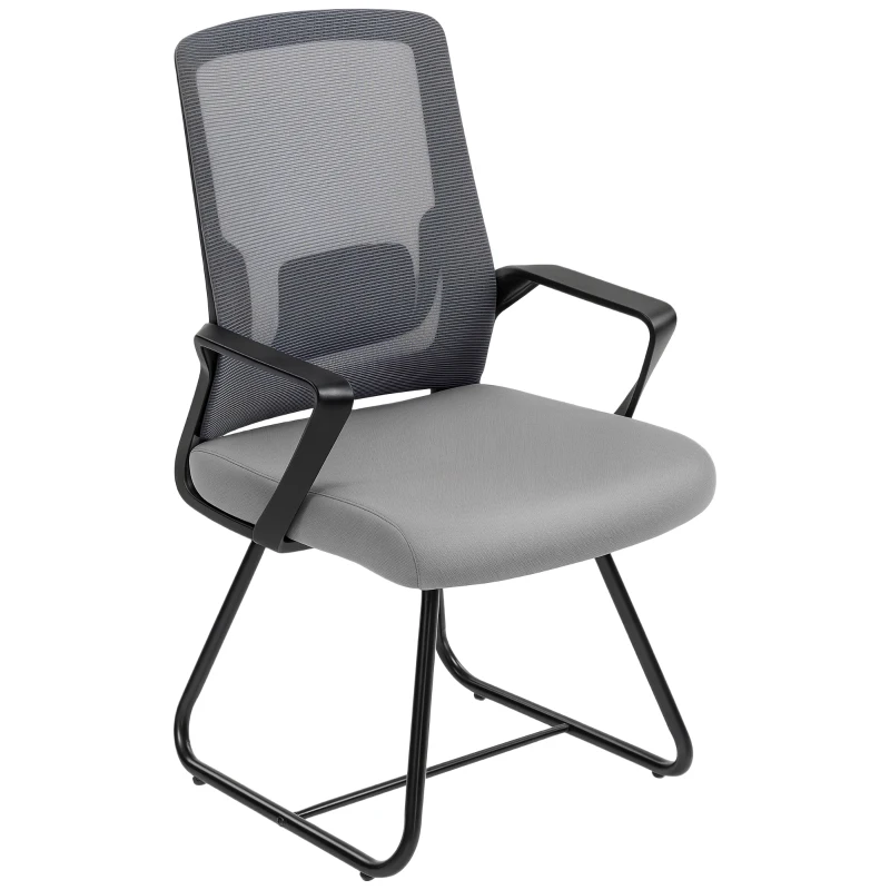 HOMCOM Desk Chair No Wheels, Office Chair with Mesh Back, Lumbar Support, Metal Base for Waiting Room, Conference Room, Dark Grey