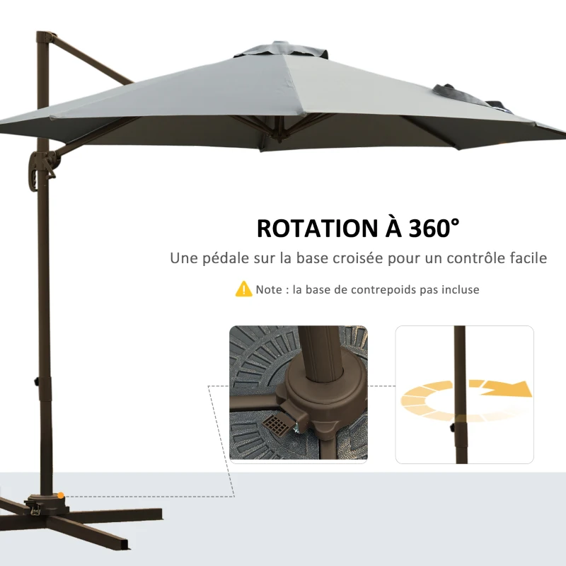 Outsunny Parasol déporté octogonal inclinable parasol rotatif 360° avec pied en croix 8 beleines manivelle inclus châssis alu. acier Ø 3 x 2,5H m gris foncé