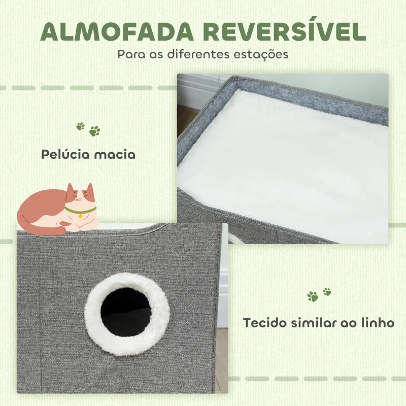 PawHut Casa para Gatos Dobrável com Arranhador 3 Entradas Bola Pendurada Almofada Reversível em Pelúcia e Tipo Linho 60x40x34 cm Cinza
